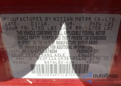 2018 Nissan Versa 1.6 Sv from USA, damaged, VIN 3N1CN7AP7JL874534